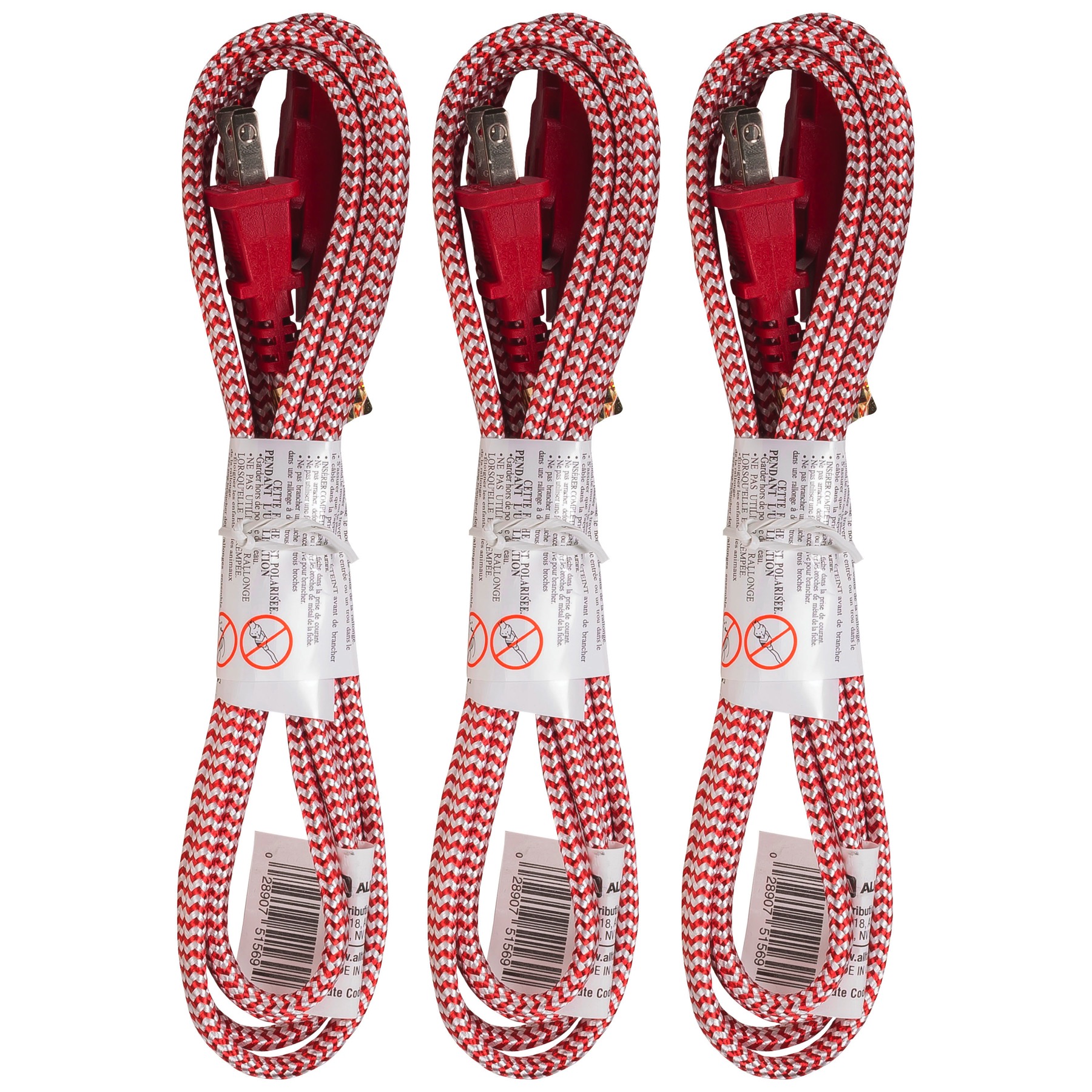 Vision 3 Pack 6 feet Braided Flat Extension Cord UL Listed Red 240055